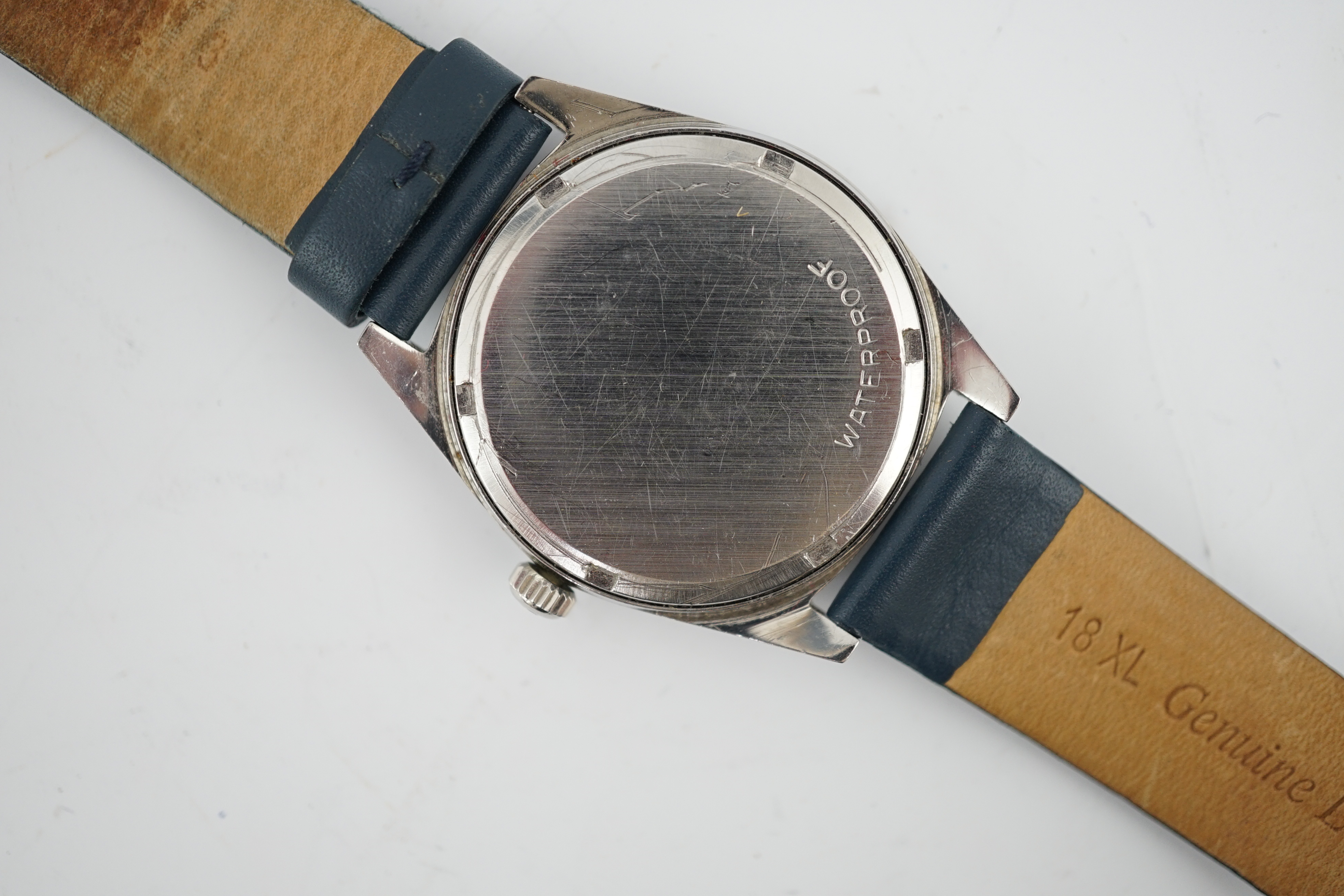 A gentleman's late 1960's stainless steel Omega manual wind wrist watch, with blue dial and red sweep seconds hand, movement c.618, on an associated strap